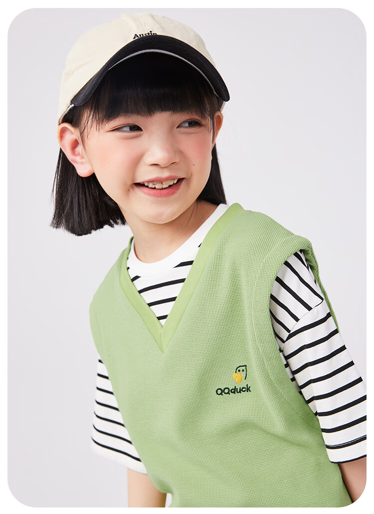 QQ DUCK Girls' Summer Outfit Set, Children's Sports Short-Sleeve Shorts, Youth Clothing, Waffle Texture, Green; Size 120 11