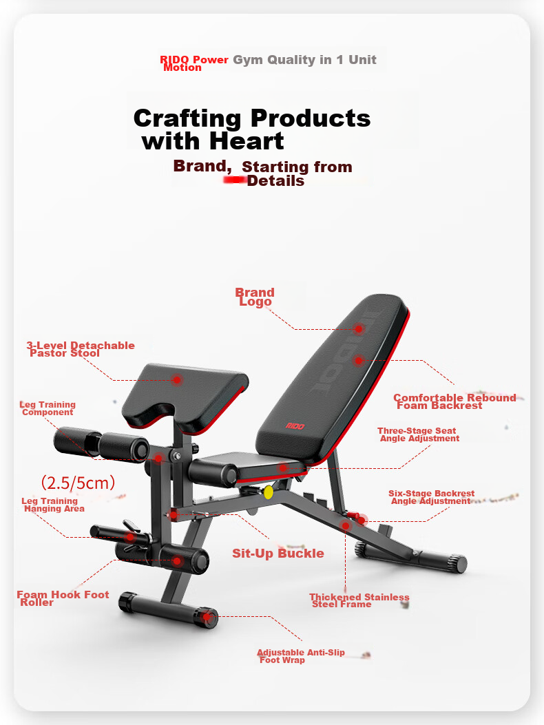 RIDO Multifunctional Dumbbell Bench, Bench Press Bench, Home Fitness Equipment, Exercise Chair, Fly Bench TD50 6