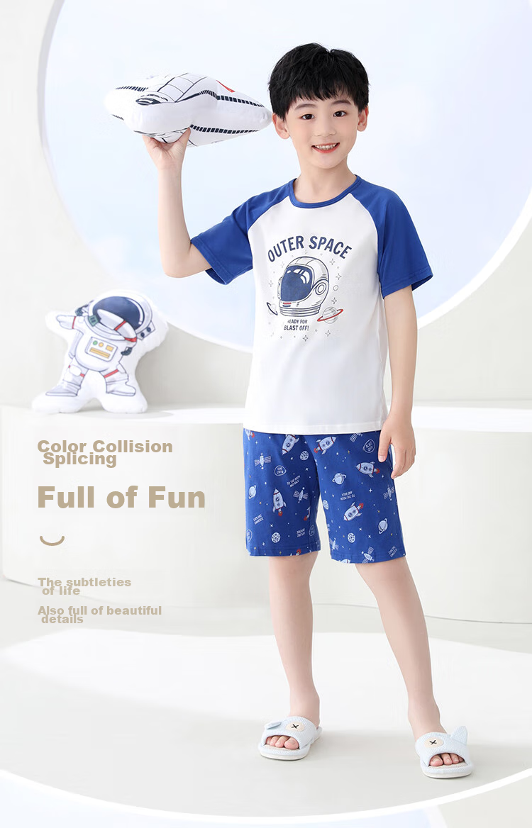 Hodohome Children's Pajamas, Boys' Summer Pure Cotton Loungewear, Big Kids Short-Sleeve Shorts Air Conditioning Suit Set, Size 315 One 165 3