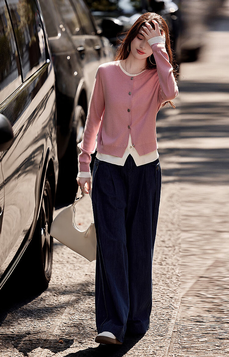 Dme [Jingshu Lingxiang Yichuang] Spring And Autumn Design-Inspired Faux Two-Piece Contrasting Color Sweater with Decorative Button Knit Top for Wome 9