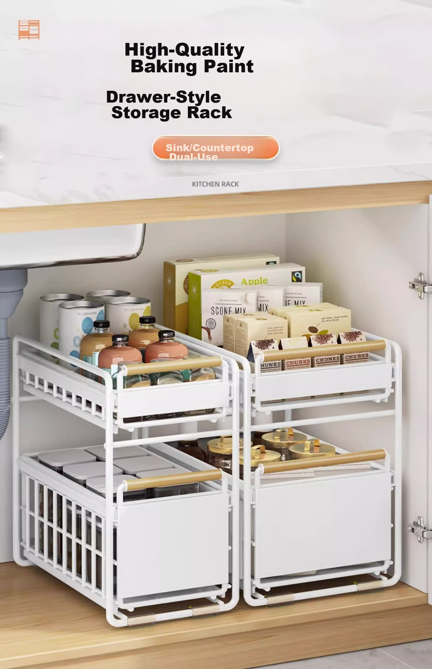 YOUQIN Kitchen Cabinet Pull-Out Basket Under Sink Storage Rack, Multifunctional Dish And Spice Organizer, Sliding Multi-Layer Shelf 1