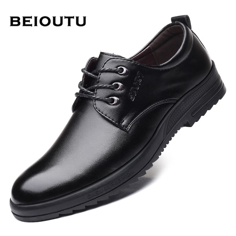 BEIOUTU Men's Business Casual Leather Shoes, Formal Comfortable Low-Top Lace-Up British Style Men's Shoes, 581 Black, Size 42