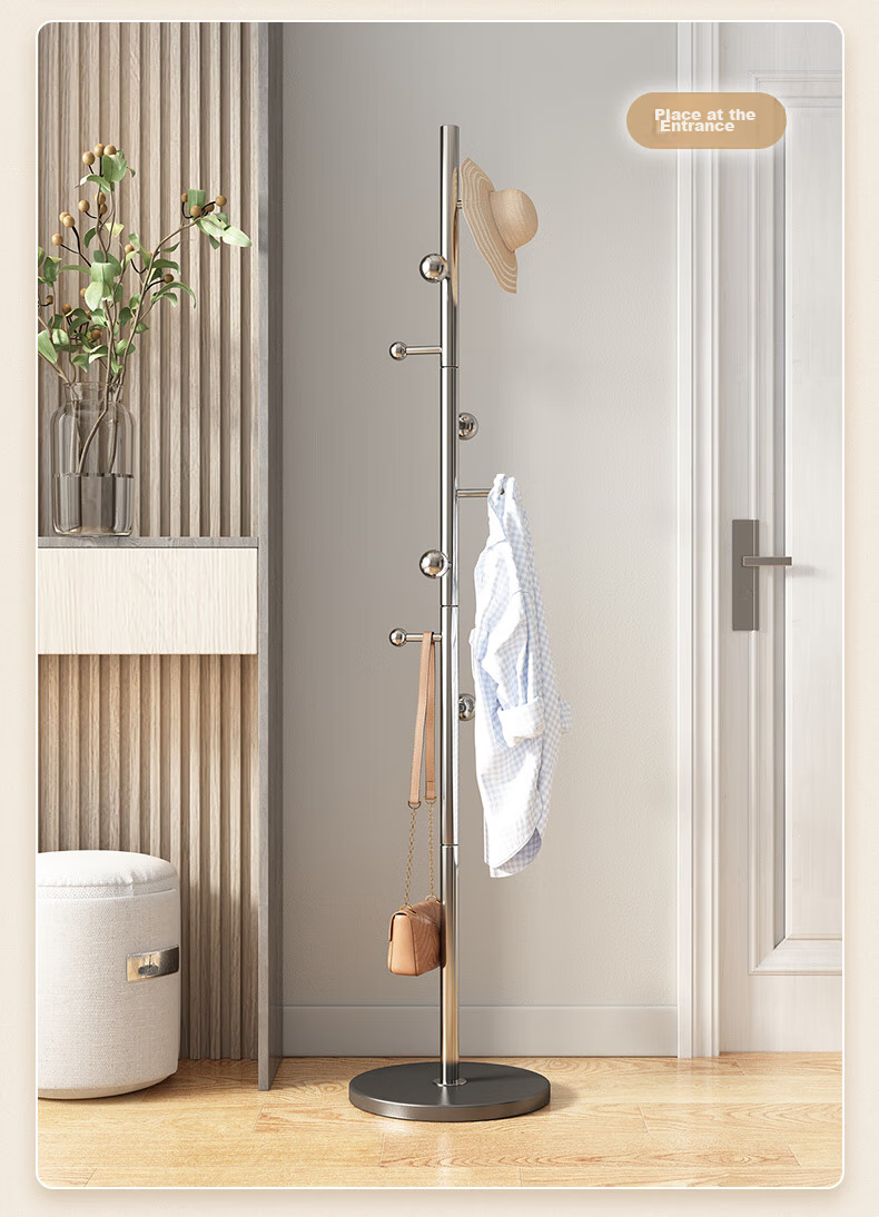 Milin Coat Rack, Floor-Standing Bedroom Clothes Hanger, Garment Stand Pole, Home Use Bag Rack, Stainless Steel Base with Branch Desig 9