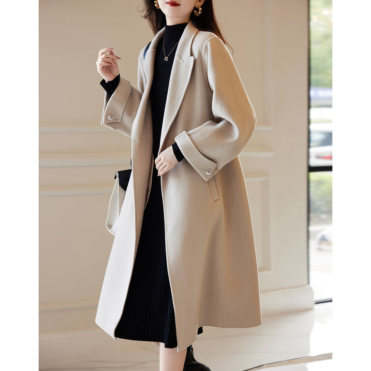 Dme [Jingshu Merino Wool Coat] Winter Old-Style Lapel Double-Breasted Long Elegant Slimming Coat Women's Outerwear