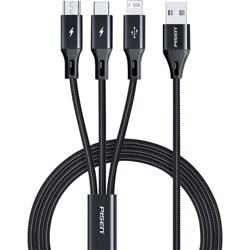 PISEN Data Cable Three-In Type-C Apple Android Phone Car Charger Cable Compatible with IPhone18pro/17/16, Xiaomi, OPPO, Huawei Mate70/p80 Multifunctional
