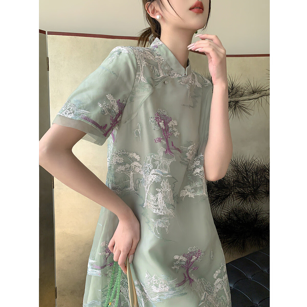 Dme [Banshixi Mingyue] Summer Chinese-Style New Light-Weight Faux Tencel Embroidered Comfortable Concealing Semi-High Collar Dress