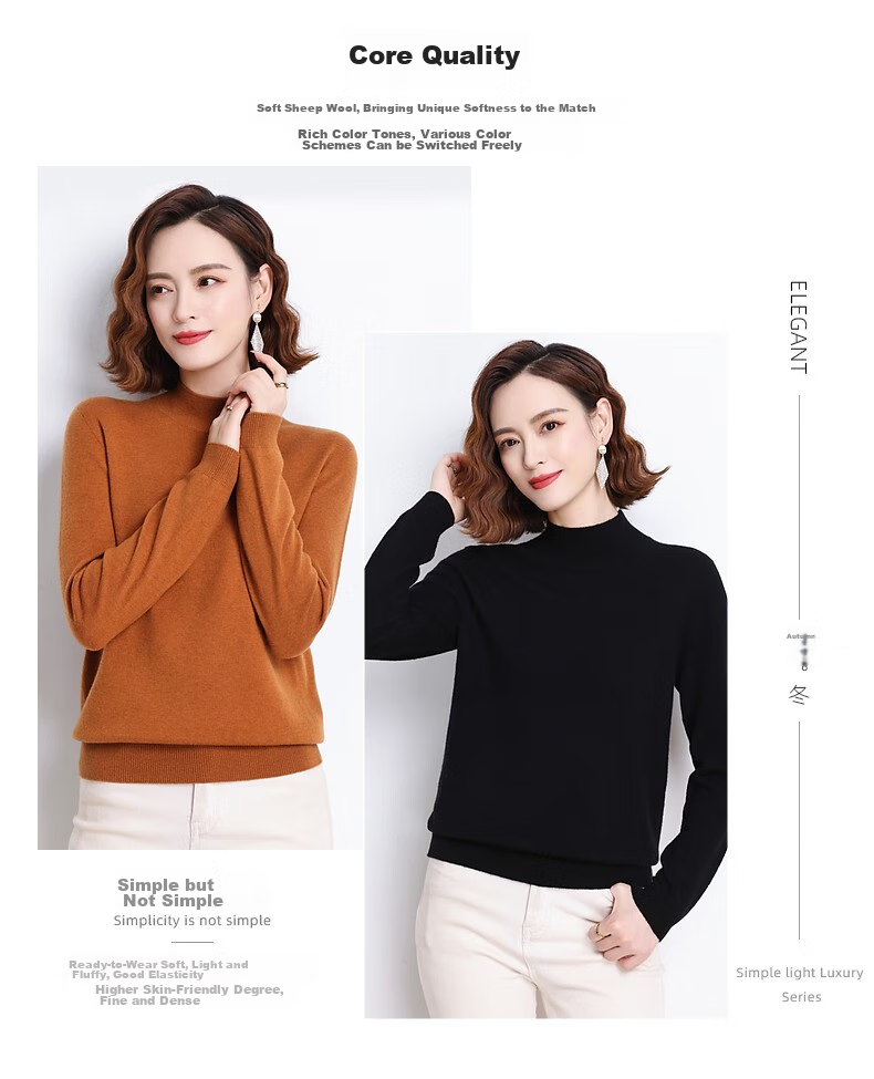 Hengyuanxiang 100% Pure Wool Sweater for Women, Semi-Turtleneck, Loose-Fitting Base Layer, Autumn And Winter Fashion Women's Knit Top 10