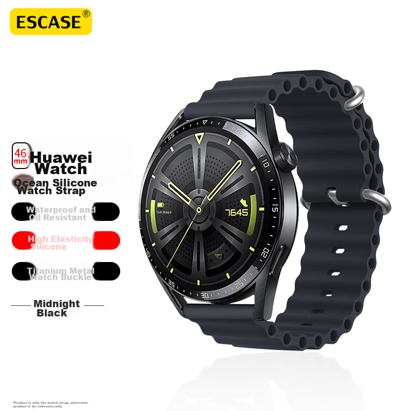 ESCASE Huawei Watch Strap for Watch3/3Pro/GT4/4Pro/GT3/3Pro/GT2/Runner/Buds Smart Sports Silicone Ocean Version, 46mm Black