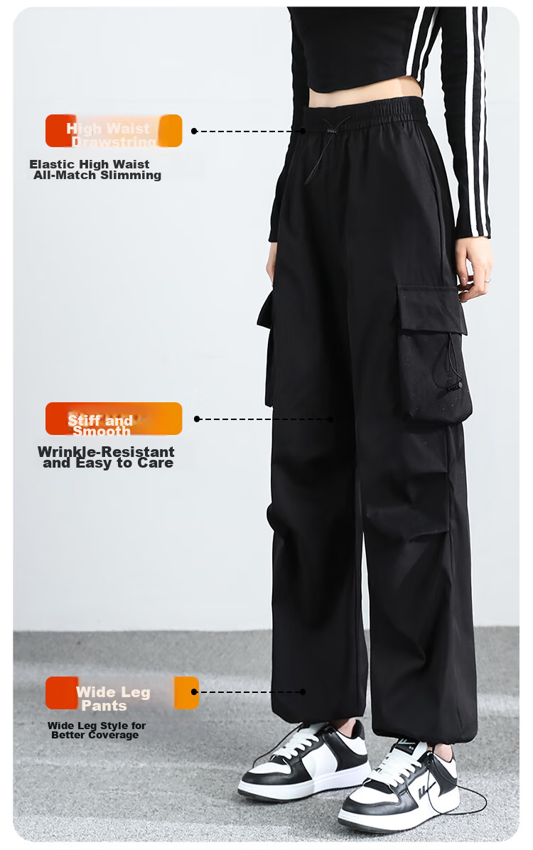 FitonTon Parachute Cargo Pants for Women, Summer Ice Silk Thin High-Waisted Wide-Leg Pants, Slimming Straight-Leg Drawstring Quick-Dry Pants, Casual Trousers 5