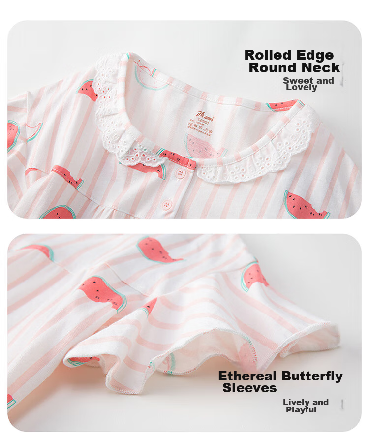 Dingguagua Girls' Short-Sleeve Cotton Nightgown, Children's Summer Thin Sleepwear, for Older Girls And Toddlers, Pink, Size 160 8