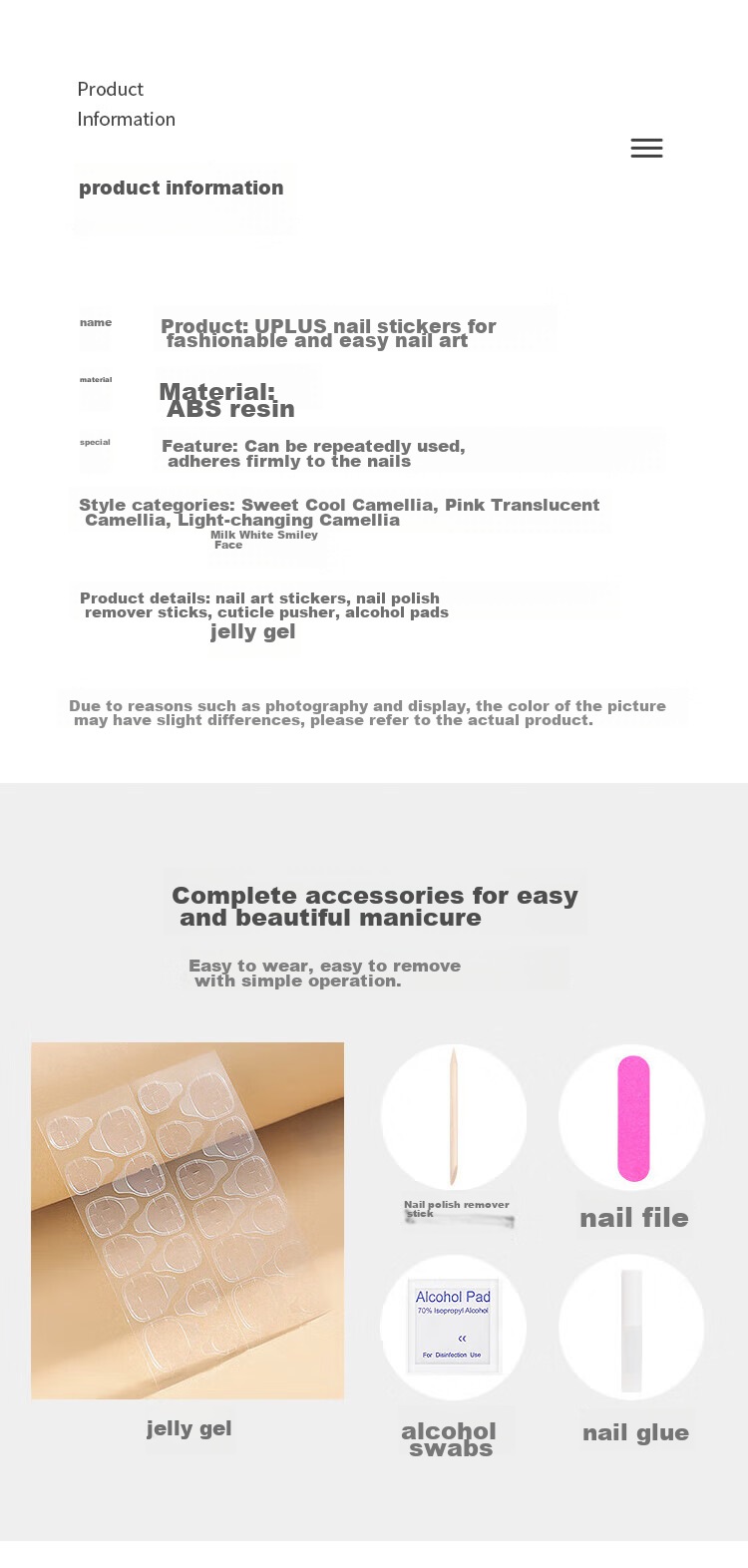 UPLUS Wearable Nail Stickers, 24 Pieces (Pink Transparent Camellia), Jelly Gel Fake Nails, Women's Gift 2