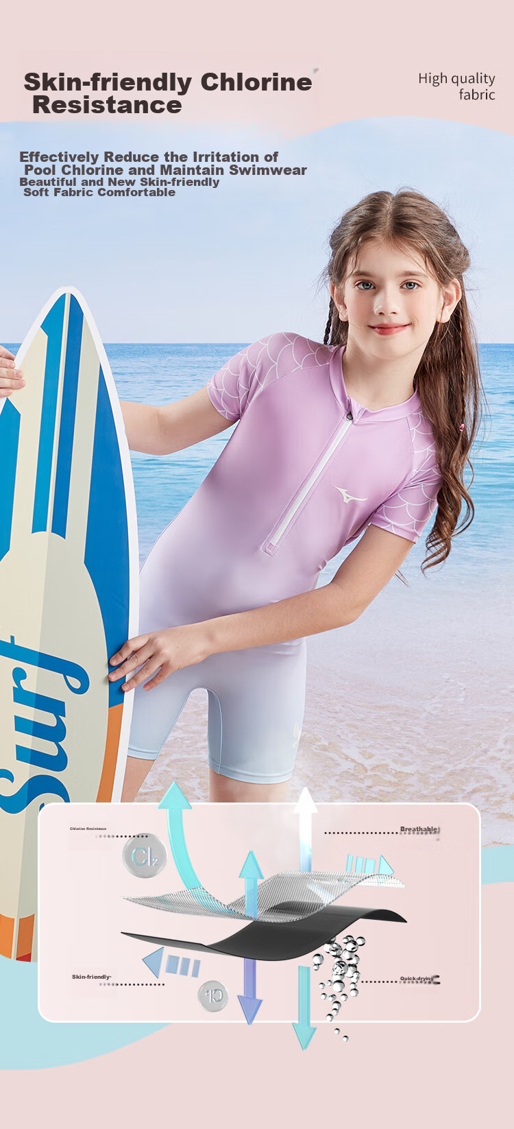 MIZUNO Children's Swimsuit, One-Piece Mermaid Princess Style for Girls, Suitable for Teenagers And Older Children, Surfing And Hot Spring Swimming Suit, A3405 Purple, Size 160 5