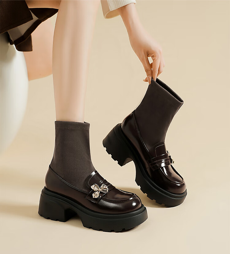 ZHR Elastic Socks And Boots for Women, Academic Style, Fleece-Lined Chunky Heel Loafers, Height-Increasing Short Boots for Women, AH579A, Black, Size 35 12