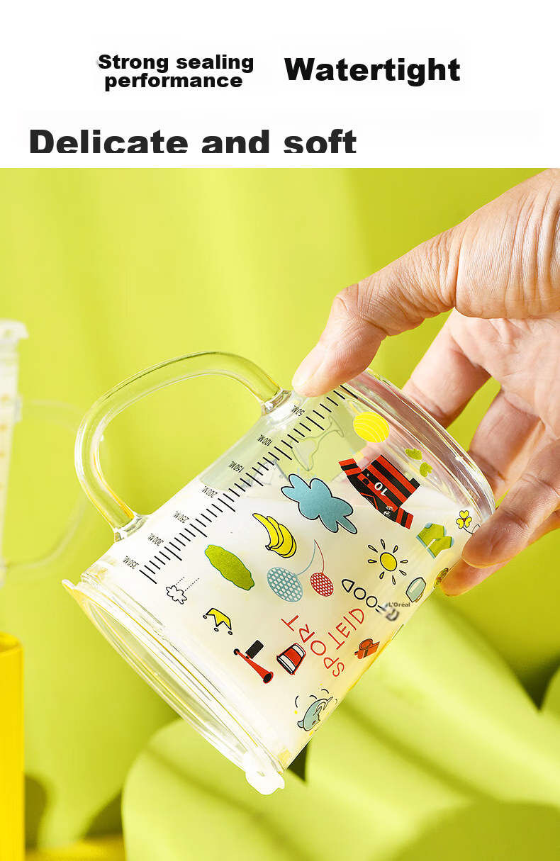 COOKSS Children's Milk Cup Glass Cup Home Drinking Cup with Scale And Straw Water Bottle Baby Formula Mixing Cup Green Dinosaur 4