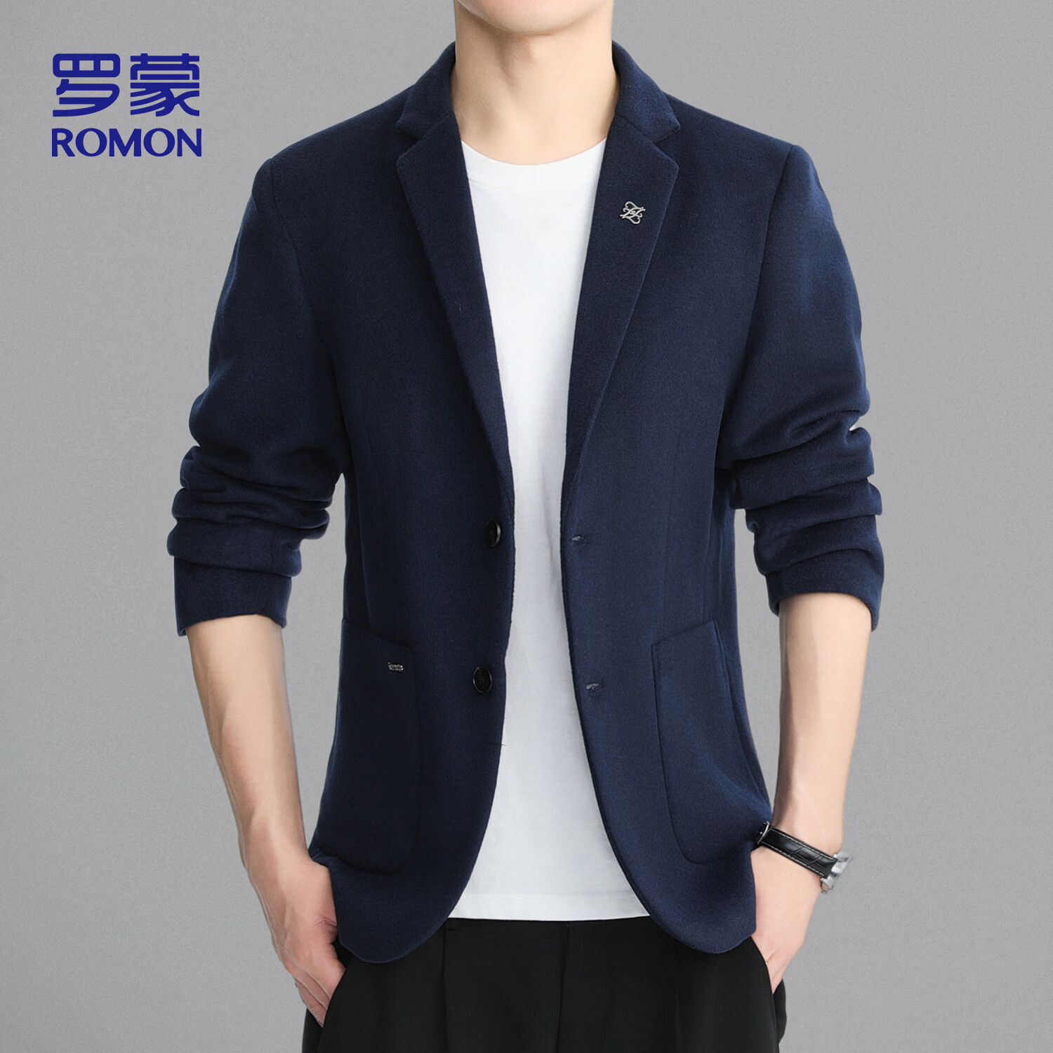 ROMON Men's Wool Blend Blazer Spring Autumn Business Casual Single Suit Coat Warm Jacket XF87 Dark Blue L