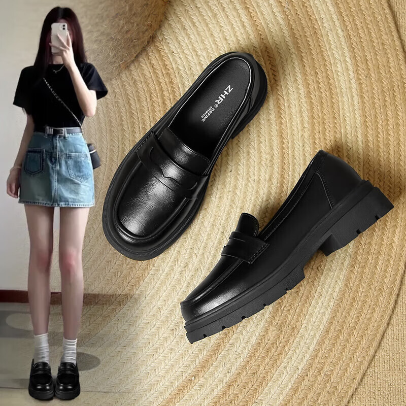 ZHR Women's Loafers with Chunky Heel, Soft Sole, Casual Women's Shoes, Retro Round Toe Shoes FTEP09 Black 38