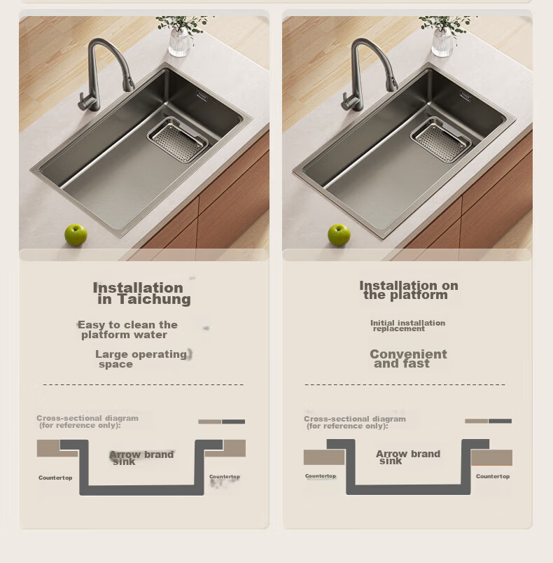 ARROW Kitchen Sink, Large Single Basin, 304 Stainless Steel Vegetable Washing Sink, Integrated Basin, Single Basin, Gunmetal Gray, Rain Drop Textured 26