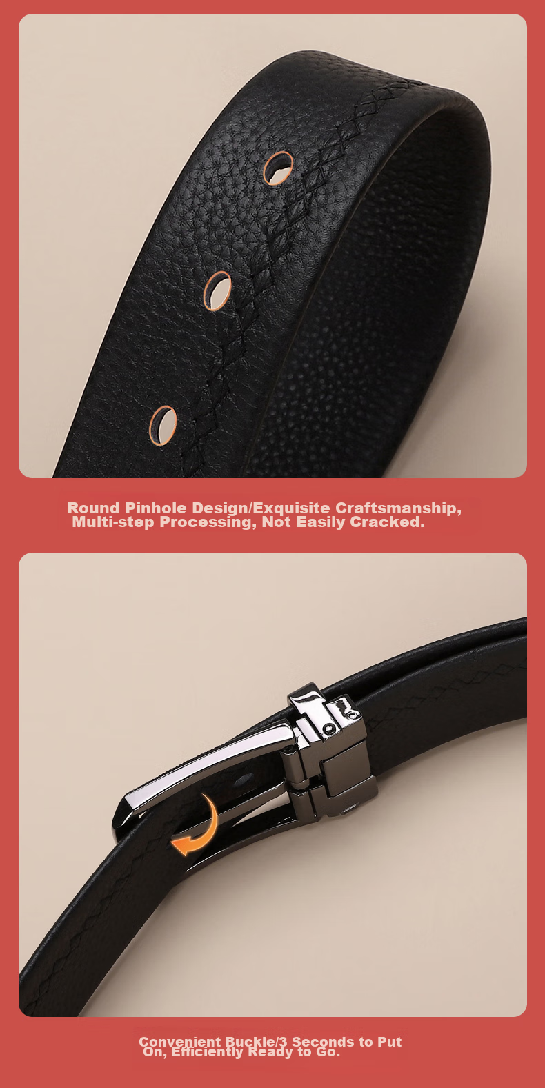 ELLE HOMME Men's Leather Belt, Fashionable Pin Buckle Waistband, Litchi Pattern Top-Grain Cowhide Casual Trouser Belt for Men, Birthday Gift for Me 6