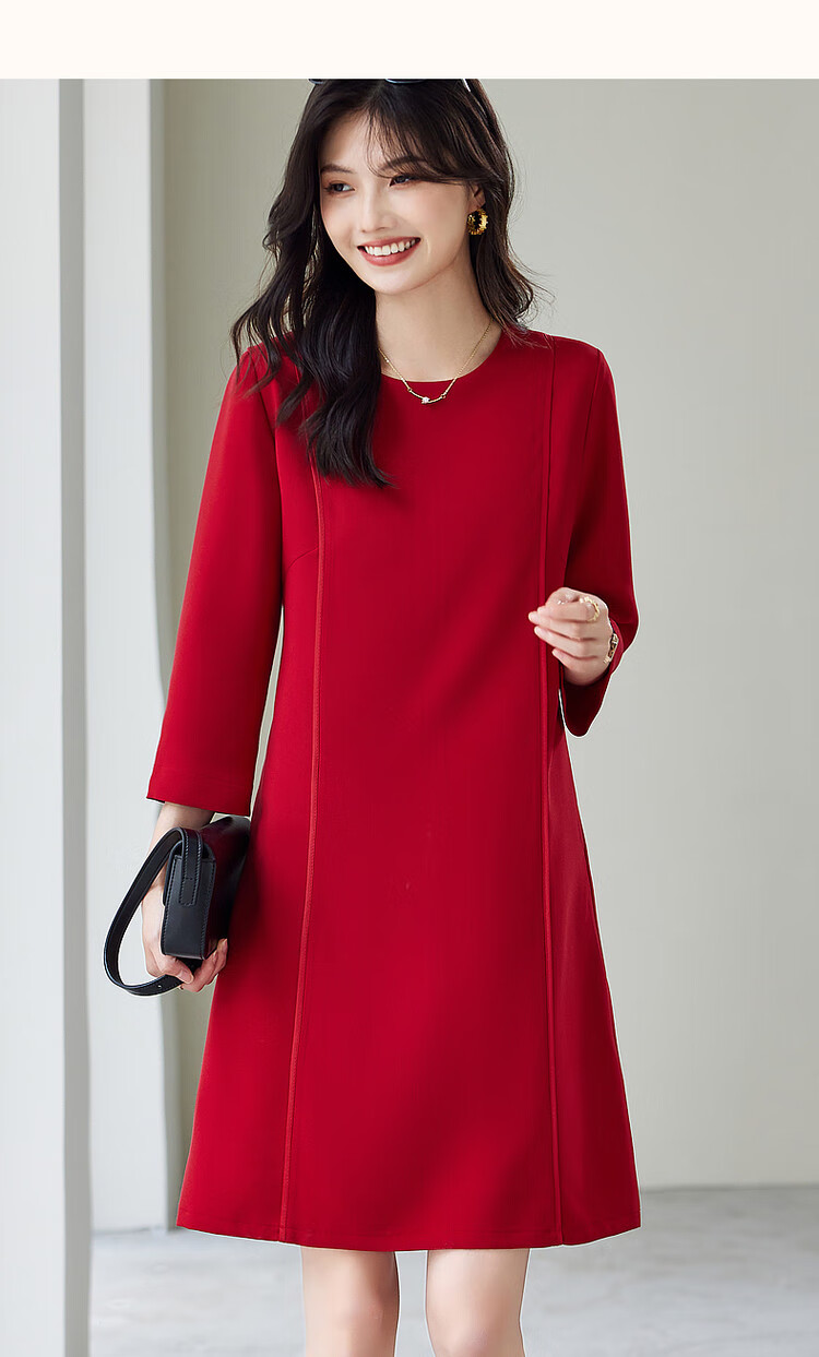 Dme [Modern Women] Spring And Autumn Commuter Round Neck Slim-Fit Three-Quarter Sleeve Elegant Midi Dress for Wome 9