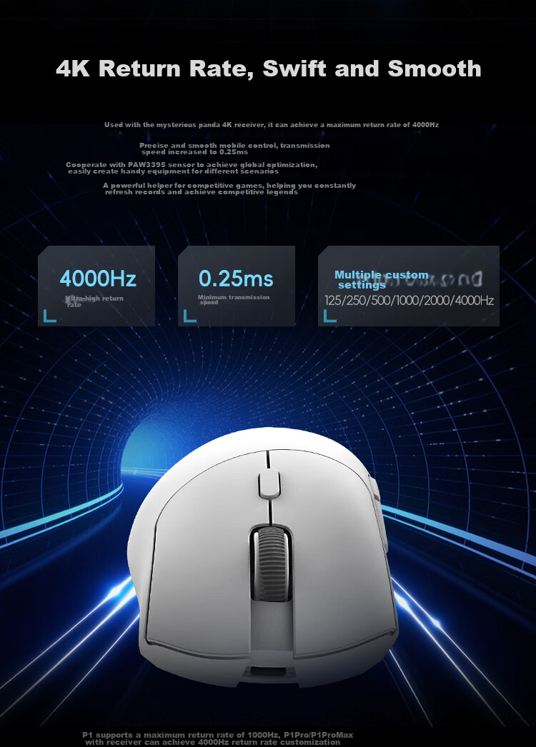 Xuanpai Panda Gaming Mouse P1 Pro, Large And Medium Hand Wireless 4K/Bluetooth/Wired, PAW3395 Tri-Mode E-Sports Wireless Office Mouse for Right-Handed Users, Black 5