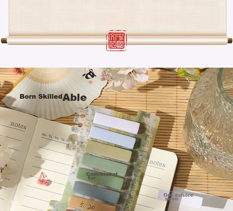 TaTanice Sticky Notes, Ancient Chinese Landscape Ink Painting Style, High-Quality Stickers, Chinese-Style Illustrations, Simple Message Pad, Adhesive Index Tabs, Moonlight White And Clear 4