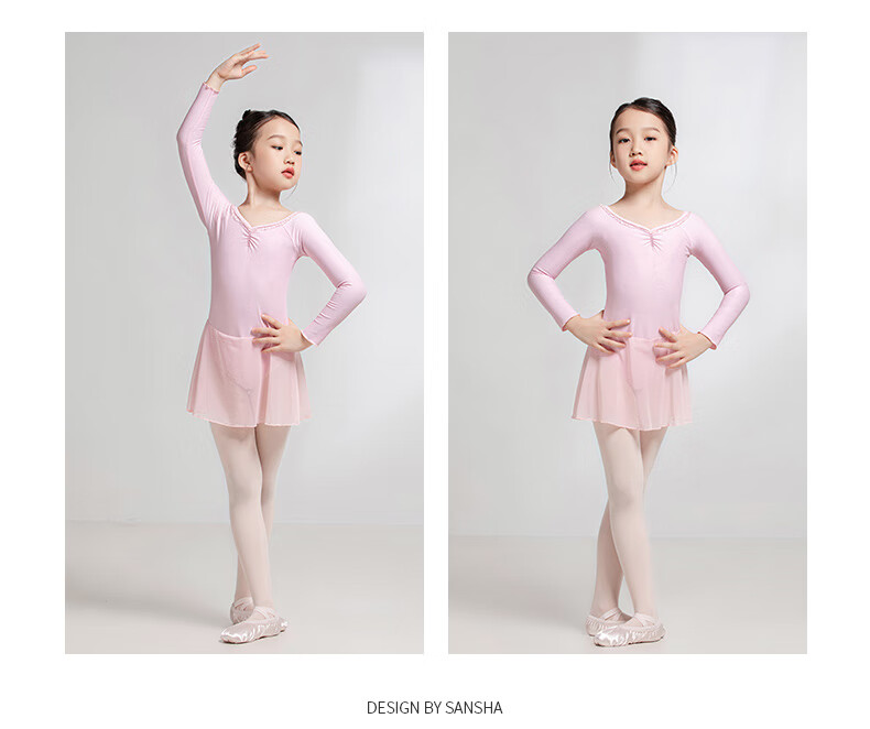 Sansha Ballet Practice Dress, Children's Dance Costume Long-Sleeve Dress Chiffon V-Neck Lace Bodysuit Dress, Light Blue, M 11