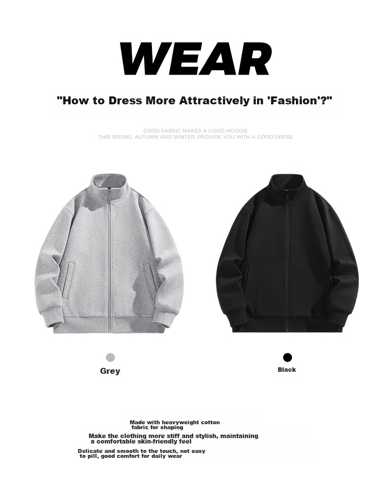 Jeanswest American-Style Heavyweight Stand-Collar Cardigan Sweatshirt for Men, Autumn Loose Casual Sports Jacket, Heavy Cotton Men's Zip-Up Jacket 3