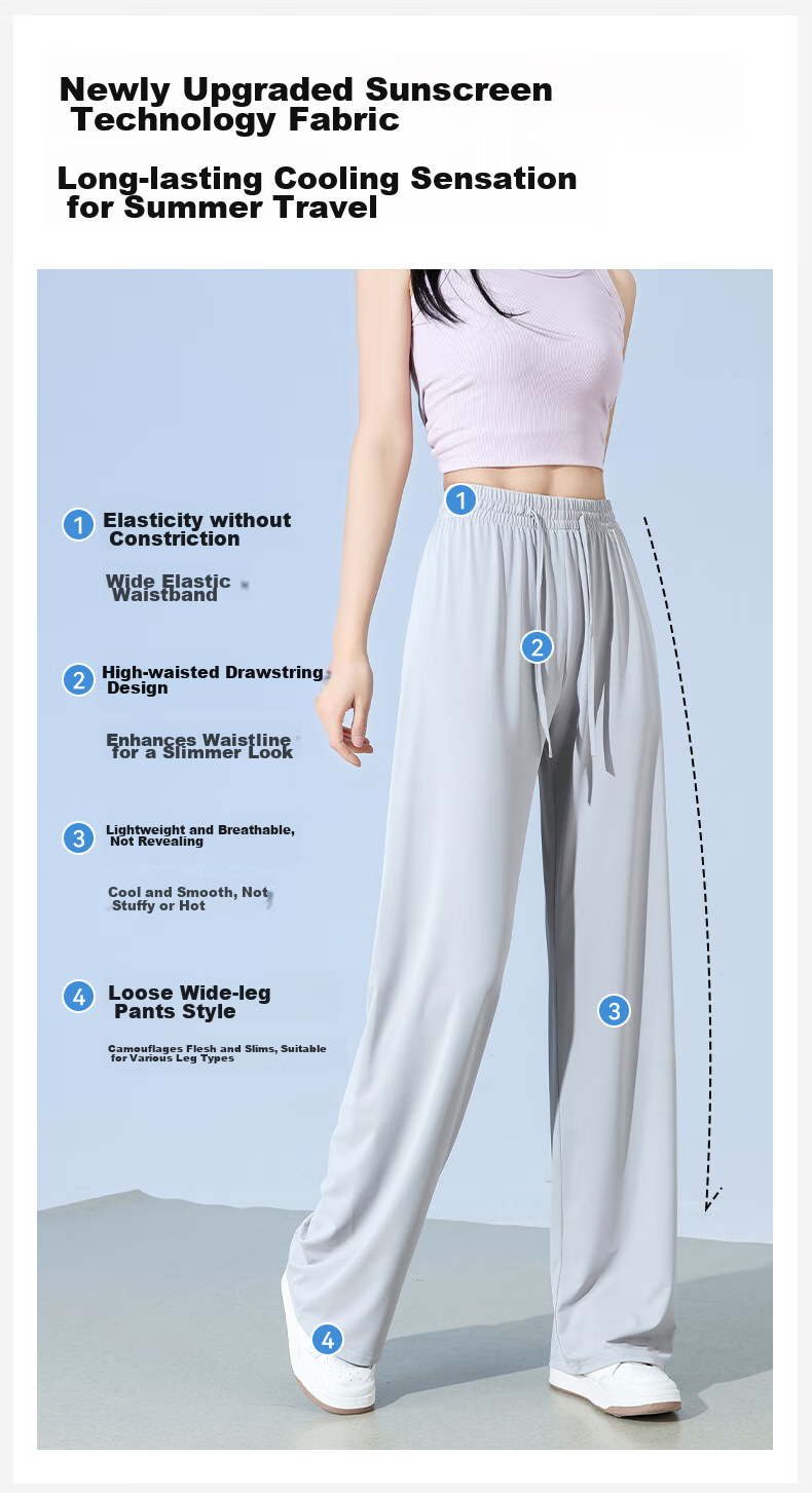 FitonTon Slim Ice Silk Sun Protection Wide-Leg Pants for Women, Summer Cool Thin High-Waist Draping Slimming Straight Casual Pants 5