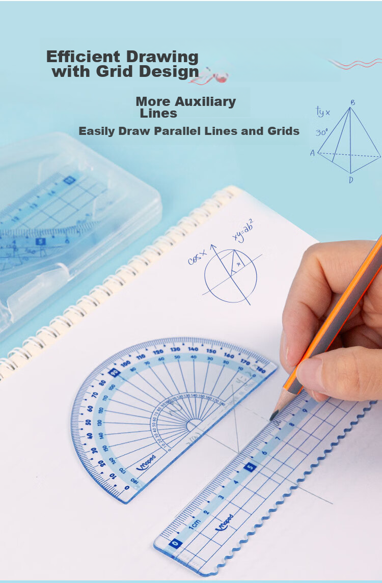 Maped Colorful Multifunctional Ruler Set, 15cm Wave Straight Ruler, 45° Triangle Ruler, 60° Triangle Ruler, 180° Protractor, Study And Exam Ruler Set, Blue, Elementary School Supplies for Back to School 6
