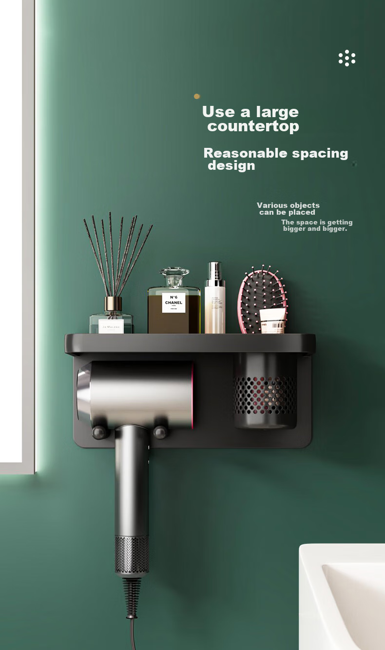 MUYA Hair Dryer Holder, No Drilling Required, Bathroom Aluminum Alloy Bracket with Hooks, for Dyson And Other Electric Hair Dryers 9