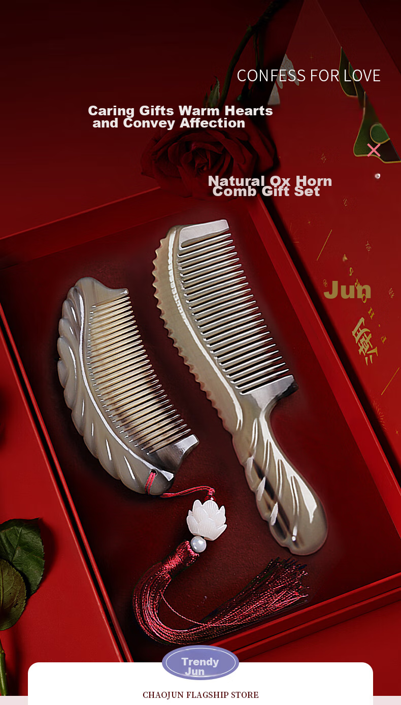 Chaojun Natural Authentic White Buffalo Horn Comb for Scalp Massage And Meridian Treatment, Mid-Autumn Festival Gift for Parents, Elders, Clients, High-End Practical Birthday Gift Box Set for Friends And Wife 1