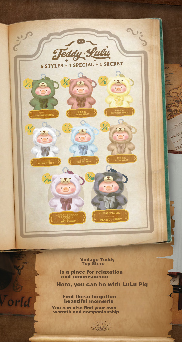 52TOYS LuLu Pig Retro Teddy Toy Store, Plush Stuffed Animal Keychain, Whole Box of 6 Pieces, National Day Gift 20