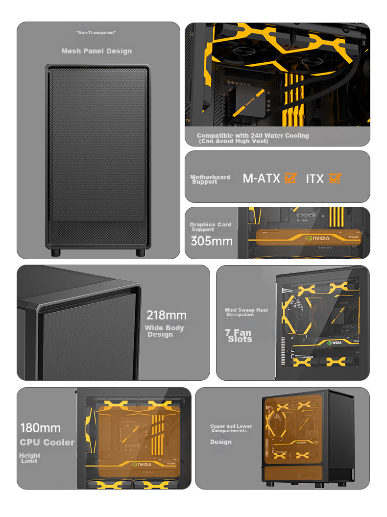Golden Field Jianyu Jixi Black Wide Desktop Computer Case, Front Panel without Fan Leakage, Fully Compatible with 240mm Water Cooling, M-ATX Motherboard, 180mm CPU Cooler Height Limit 1
