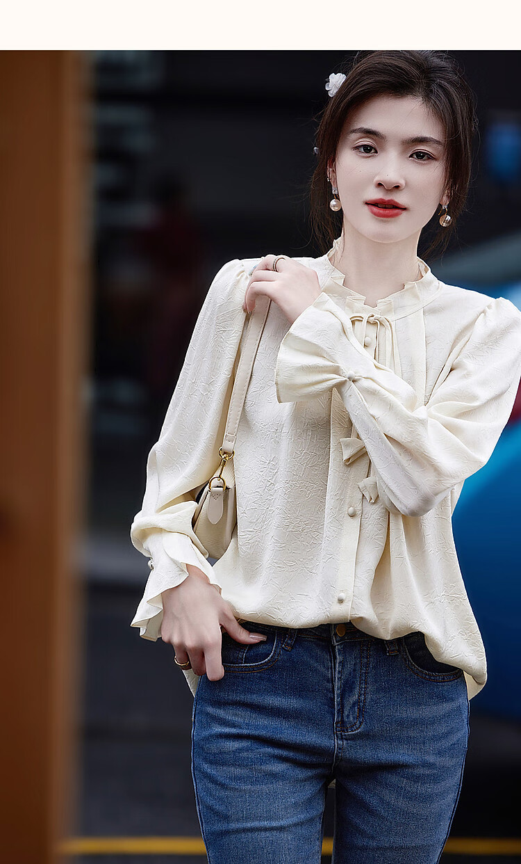Dme [Ankeala Red] Elegant Office Blouse for Spring And Autumn, Wrinkled Shiny Ruffle Puff Sleeve Shirt Women's Top 9