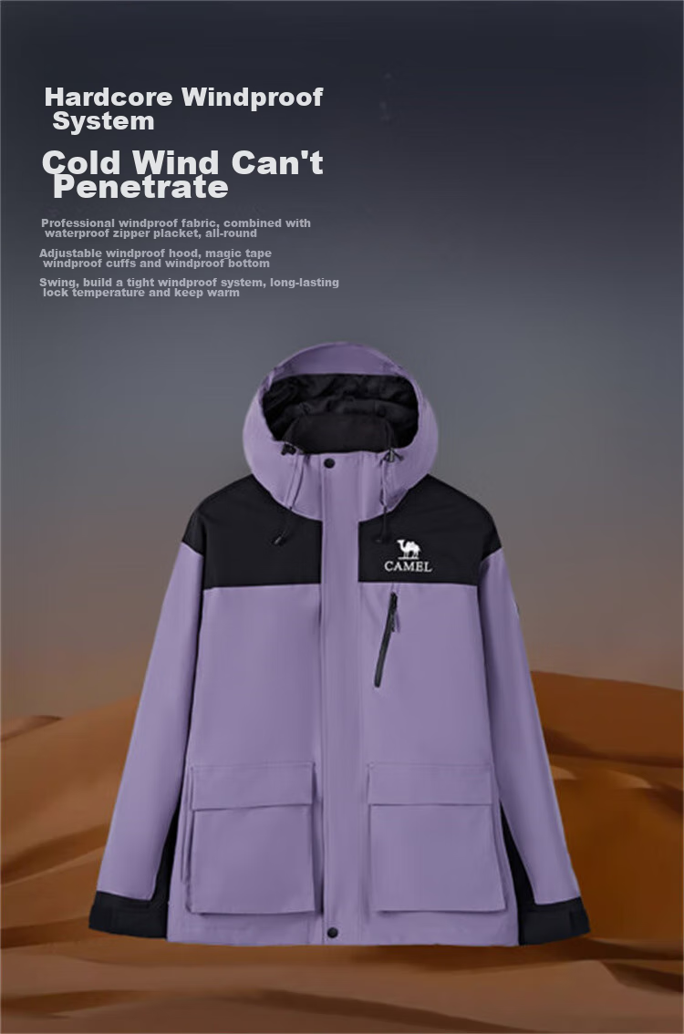 CAMEL Three-In Outdoor Jacket, Hiking Windproof Waterproof Coat, Camping Trekking Outerwear, O606, Phantom Black, XL 6