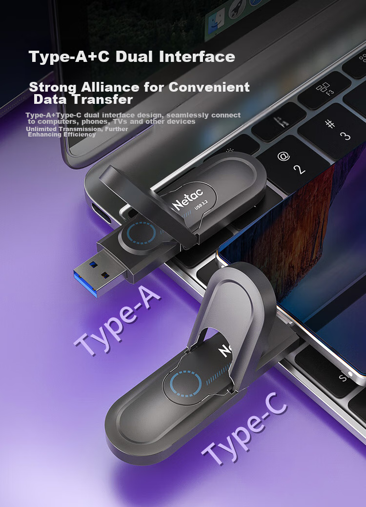 Netac 512GB USB3.2 Solid State Flash Drive US9 Type-C Dual Interface USB Drive Read Speed 1000MB/s Computer Portable Hard Drive System Flash Drive Speed Boost 3