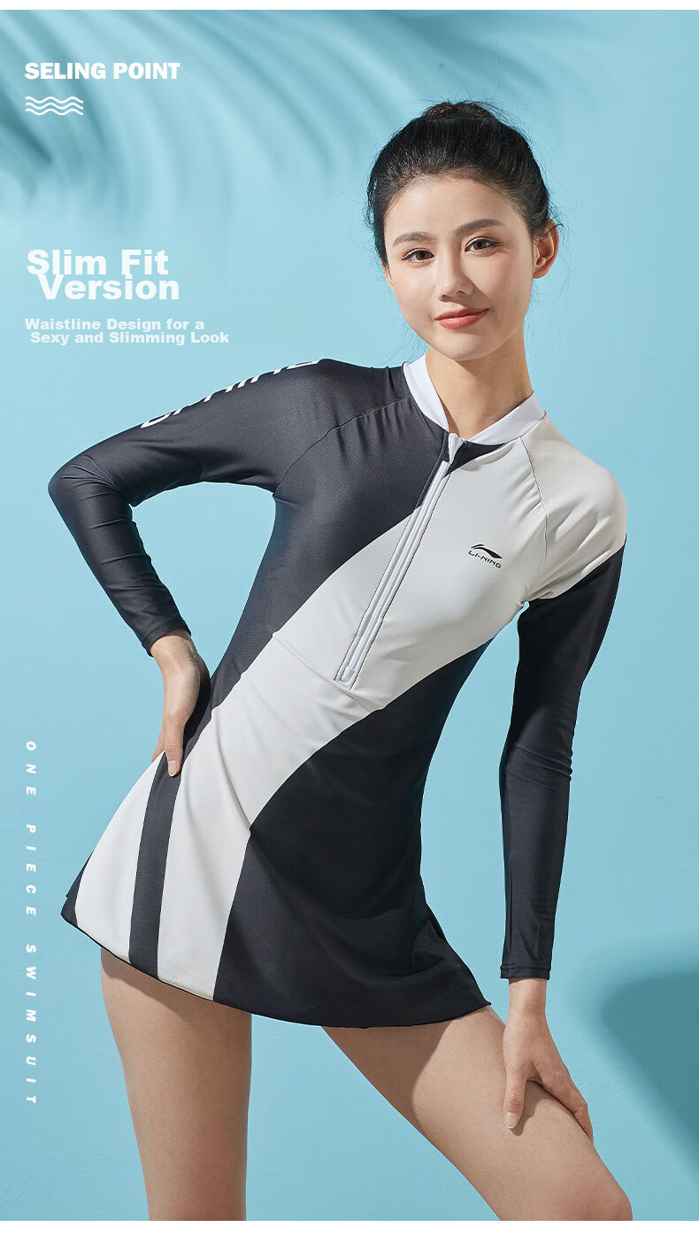 Li-Ning Women's One-Piece Swimsuit with Long Sleeves And Skirt, Color Block Design, High Elasticity, Breathable, Suitable for Hot Springs And Vacation, Swimwear 026 Black And White XXL 7