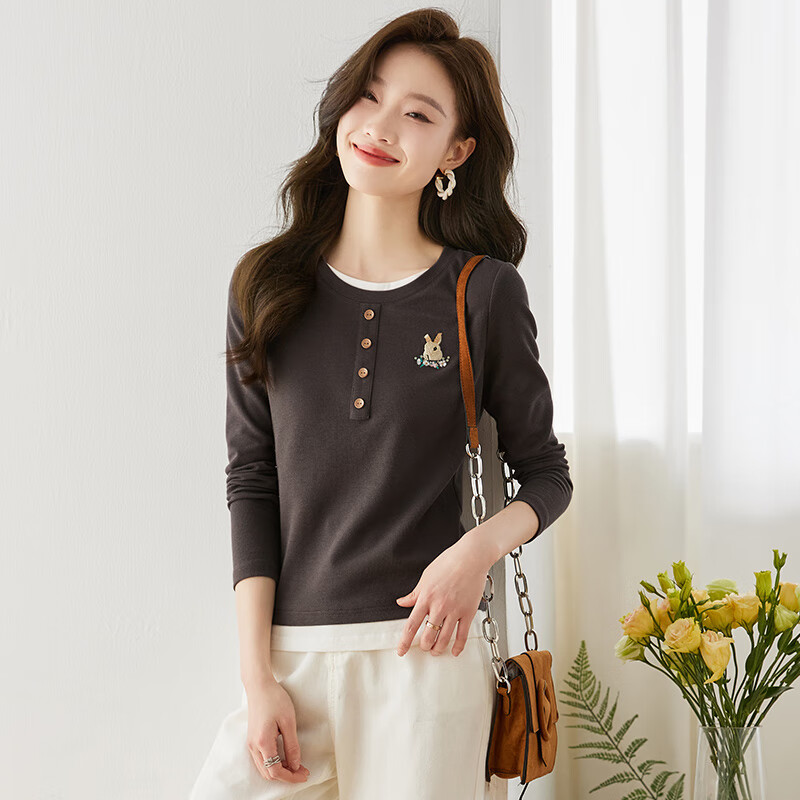 Sentubila Rabbit Embroidery Faux Layered Round Neck Long Sleeve T-Shirt for Women, Spring And Autumn Outer Wear Slimming Top, Dark Gray, S
