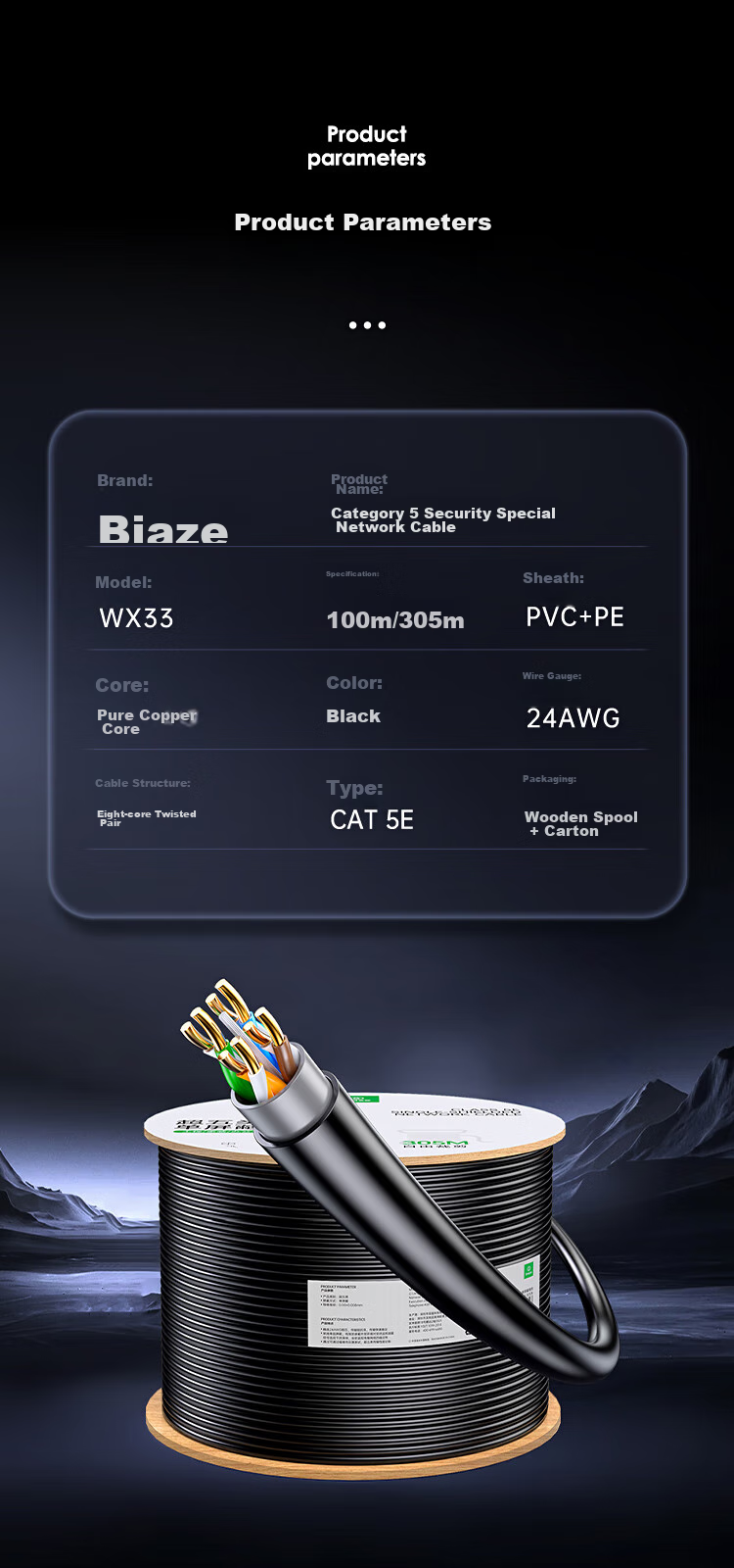 BIAZE Outdoor Special Cat5e Network Cable [0.5mm Pure Copper] Waterproof, Sun-Resistant, Cold-Resistant Camera Monitoring with POE Power Supply Wiring Cat5e Unshielded 305 Meters 18