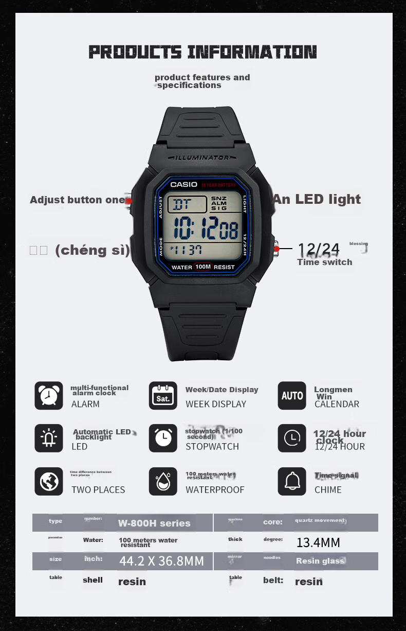 CASIO Men's Small Square Series Outdoor Waterproof Sports Student Watch Luminous Digital Watch Gift for Boyfriend W-96H-1B 6