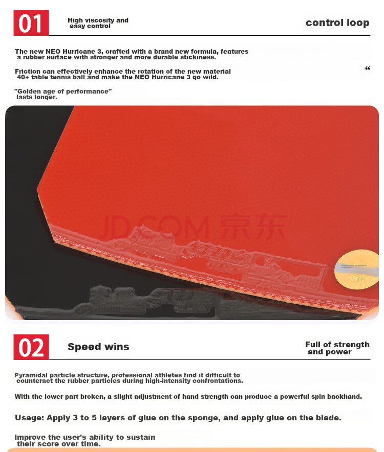 DHS NEO Kuangbiao 3 Rubber Set, Kuangbiao 3 Table Tennis Racket Rubber, Red, 39 Degrees, 2.1mm 10