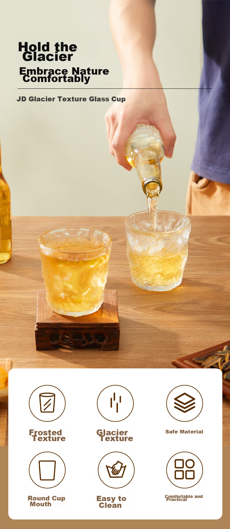 JD Original Glass Cups, Thickened Glacier Tea Infuser Coffee Milk Cups, Stylish Design, 250ml Capacity, Set of Two 2