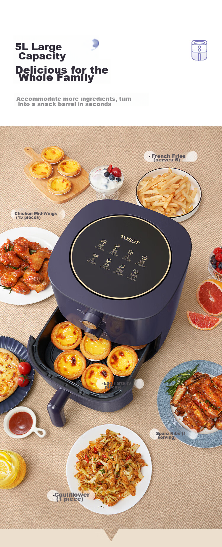 TOSOT Gree Air Fryer, 5L Large Capacity, Precise Temperature Control, Tender Frying, Fully Automatic, Multifunctional, Home Use, Easy to Clean, Oven Air Fryer 0502 9