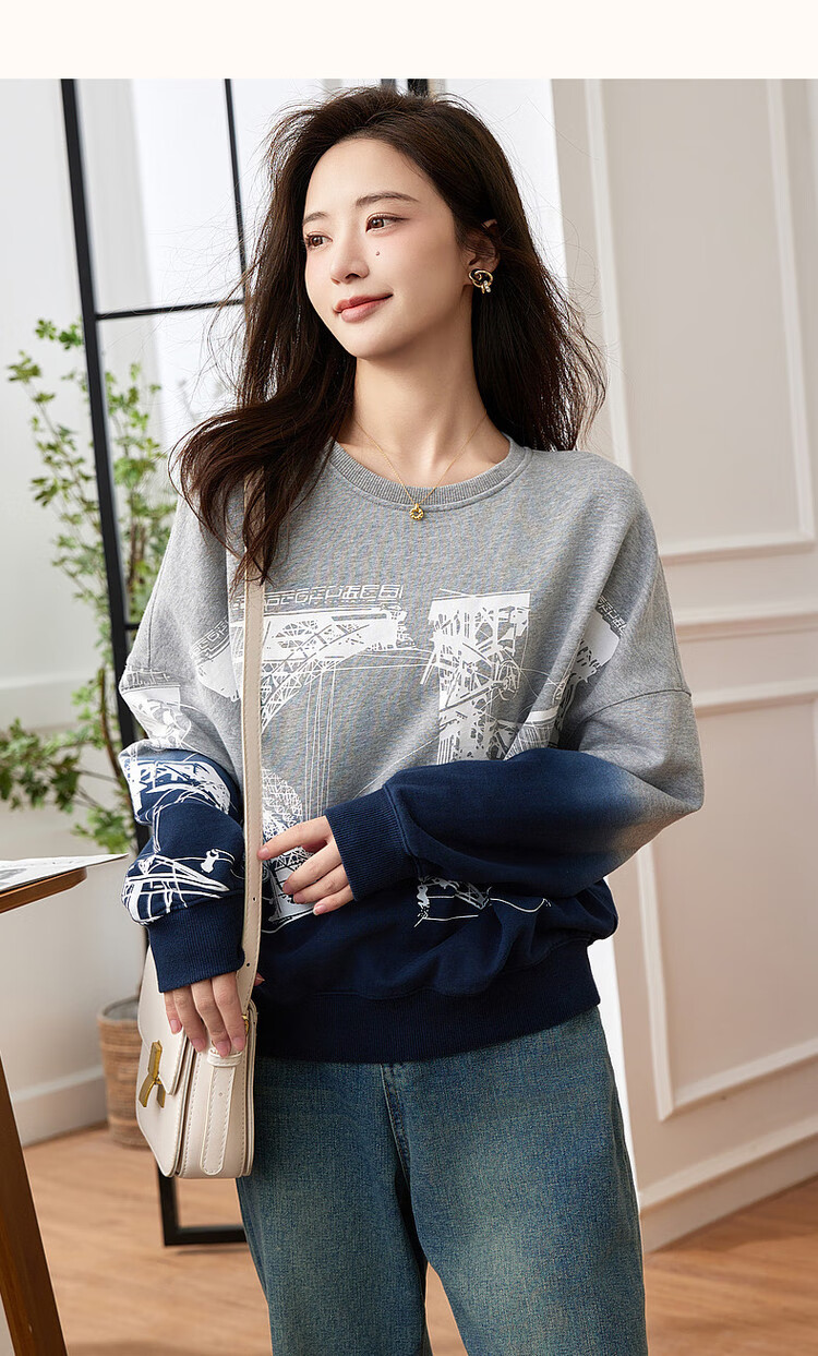 Dme [Stylish Gradient Casual Sweatshirt] Spring And Autumn Cotton Round Neck Loose Slightly Elastic Sweatshirt Women's Top, Flax Gray, S 9