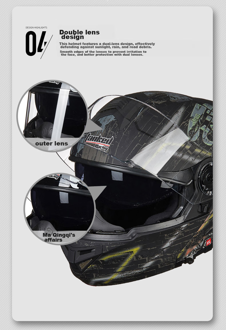 Tanked Racing Motorcycle Helmet T270 Flip-Up Helmet, 3C Certified, Dual Visor, All-Season Anti-Fog Riding Safety Helmet, Matte Black, XL 7