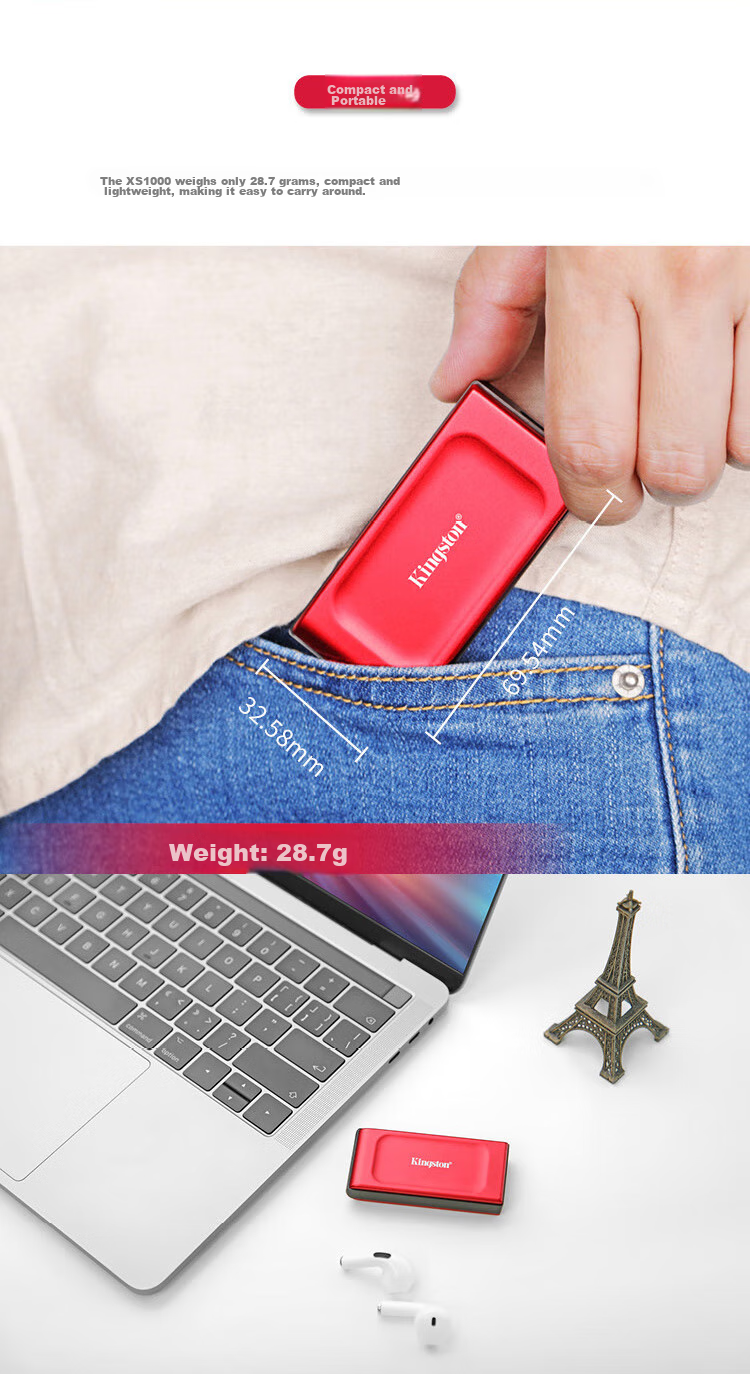 Kingston 2TB USB3.2 Gen 2 Portable Solid State Drive (PSSD) XS1000, Transfer Speed 1050MB/s, Lightweight And Stylish, External for Computer, Direct Connection to Phone, Red 2