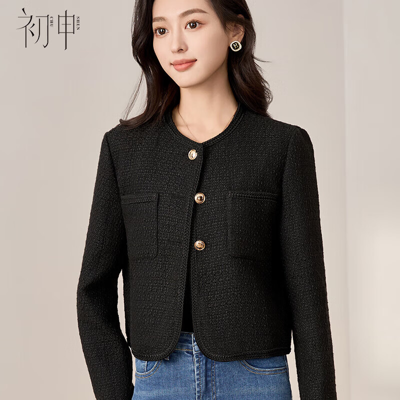 Chushen Spring And Autumn Short Jacket for Women, Exquisite Fashionable Chanel-Style Short Casual Coat Top S13KF3427 Black L