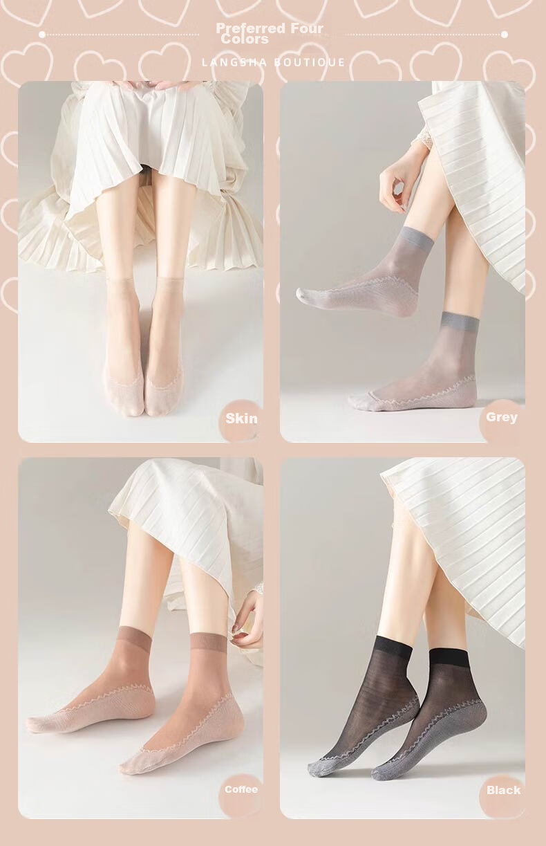 LangSha Silk Stockings for Women, 20 Pairs, Summer Ultra-Thin Short Silk Black Women's Socks, Mid-Calf Breathable Cotton-Like Non-Slip Socks, Thin Style 15