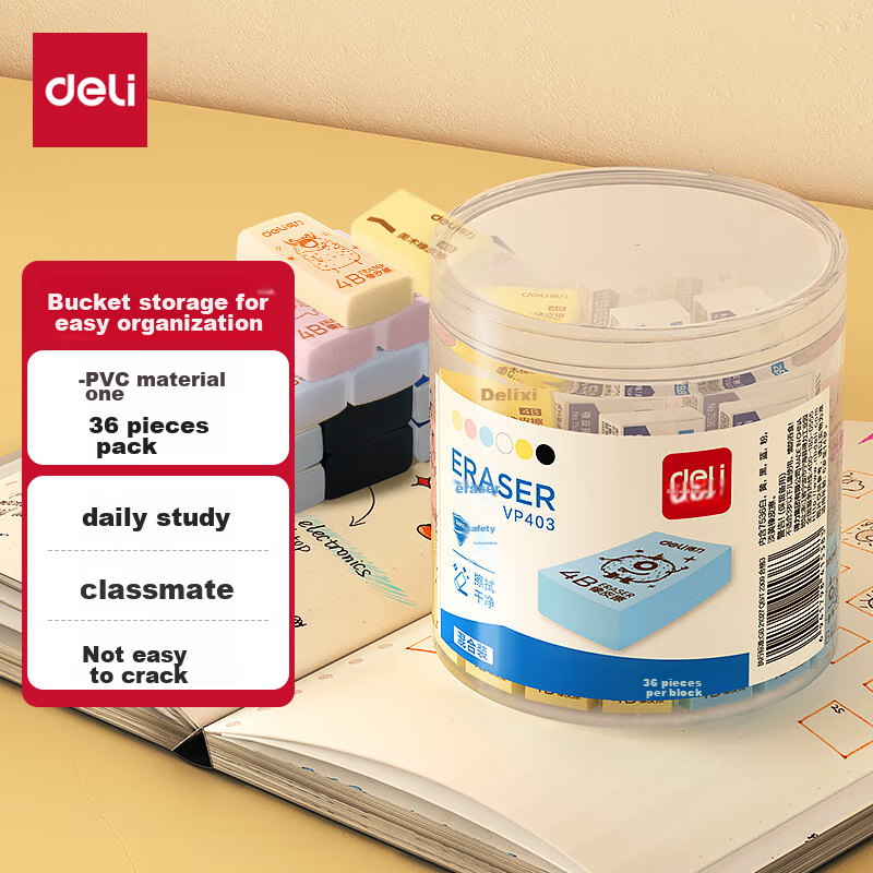 Deli 36-Pack Assorted Color Bucket Erasers, High School Entrance Exam And College Entrance Exam Blessing Gift, Art Drawing Eraser, Soft Easy to Erase Low Dust Student Back-To Stationery