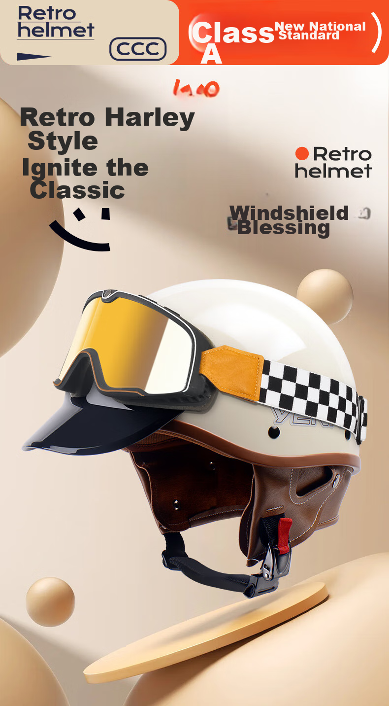 YEMA Helmet, 3C Certified, New National Standard Class A, Retro Stylish Half Helmet, All-Season Universal, for Men And Women, Motorcycle Helmet, Electric Motorcycle Safety Helmet, Cool Gray + Black Tea Wind Glasses, One Size Fits All 1